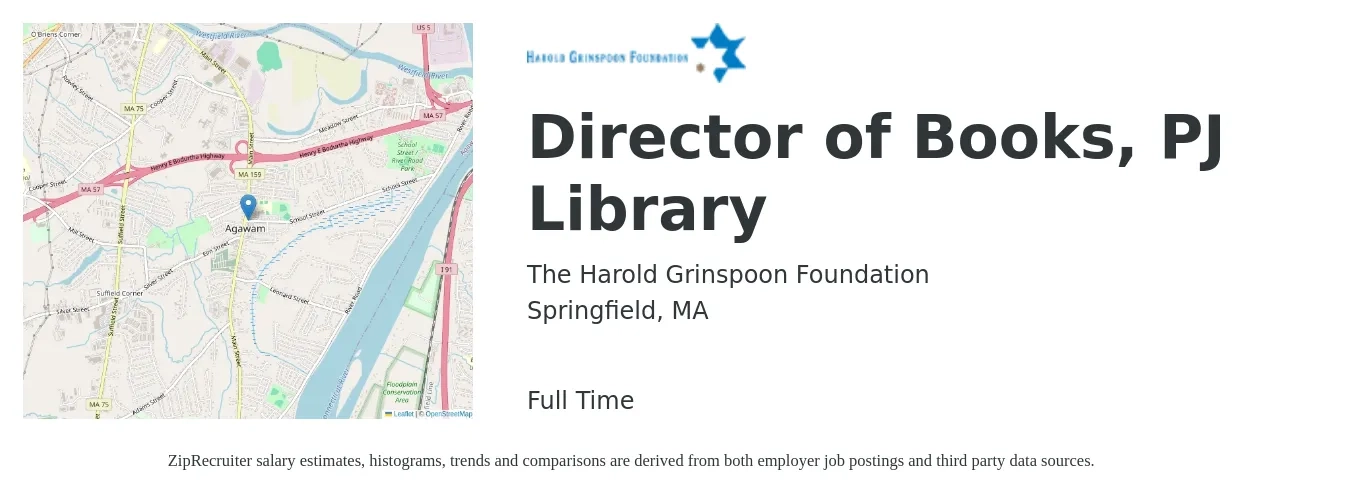 The Harold Grinspoon Foundation job posting for a Director of Books, PJ Library in Springfield, MA with a salary of $71,400 to $126,900 Yearly with a map of Springfield location.