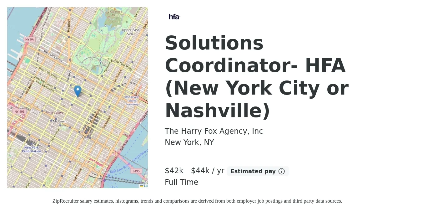 The Harry Fox Agency, Inc job posting for a Solutions Coordinator- HFA (New York City or Nashville) in New York, NY with a salary of $42,000 to $44,000 Yearly with a map of New York location.
