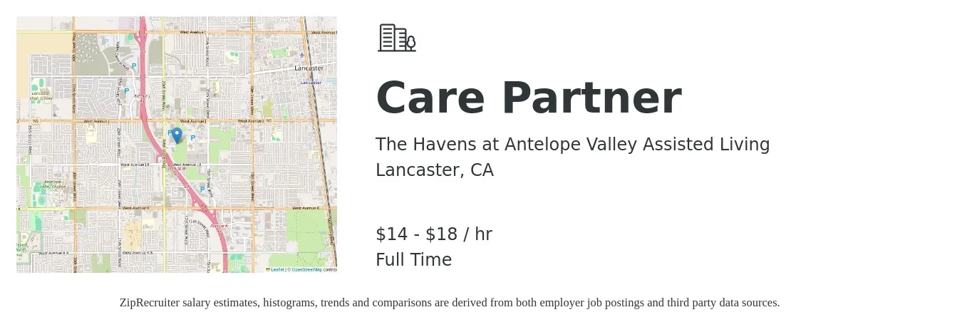 The Havens at Antelope Valley Assisted Living job posting for a Care Partner in Lancaster, CA with a salary of $16 to $19 Hourly with a map of Lancaster location.