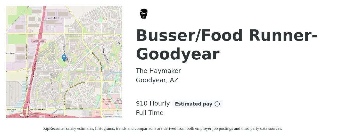 The Haymaker job posting for a Busser/Food Runner- Goodyear in Goodyear, AZ with a salary of $11 Hourly with a map of Goodyear location.