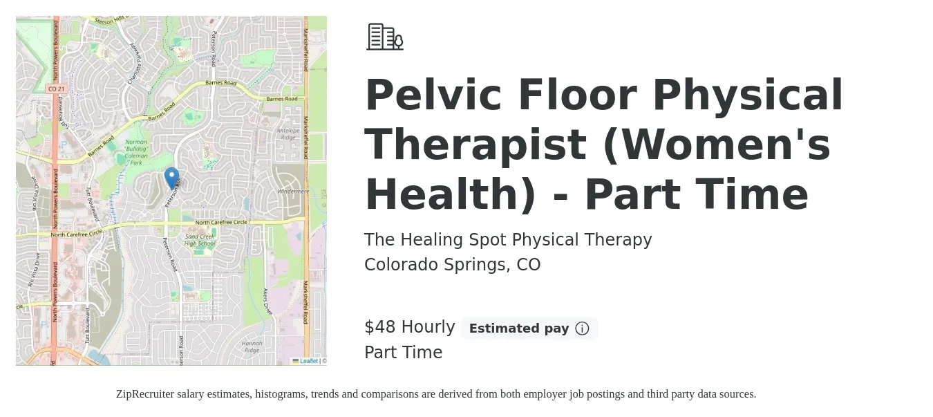 The Healing Spot Physical Therapy job posting for a Pelvic Floor Physical Therapist (Women's Health) - Part Time in Colorado Springs, CO with a salary of $50 Hourly with a map of Colorado Springs location.