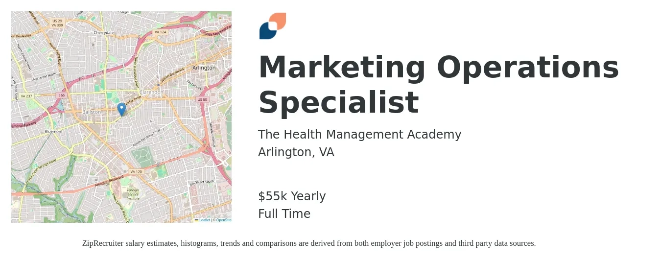 The Health Management Academy job posting for a Marketing Operations Specialist in Arlington, VA with a salary of $55,000 Yearly with a map of Arlington location.