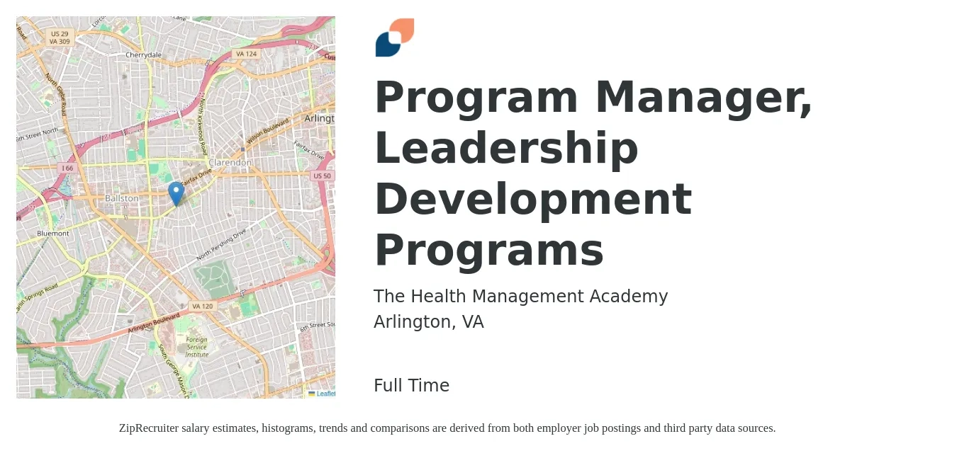 The Health Management Academy job posting for a Program Manager, Leadership Development Programs in Arlington, VA with a salary of $92,600 to $163,400 Yearly with a map of Arlington location.