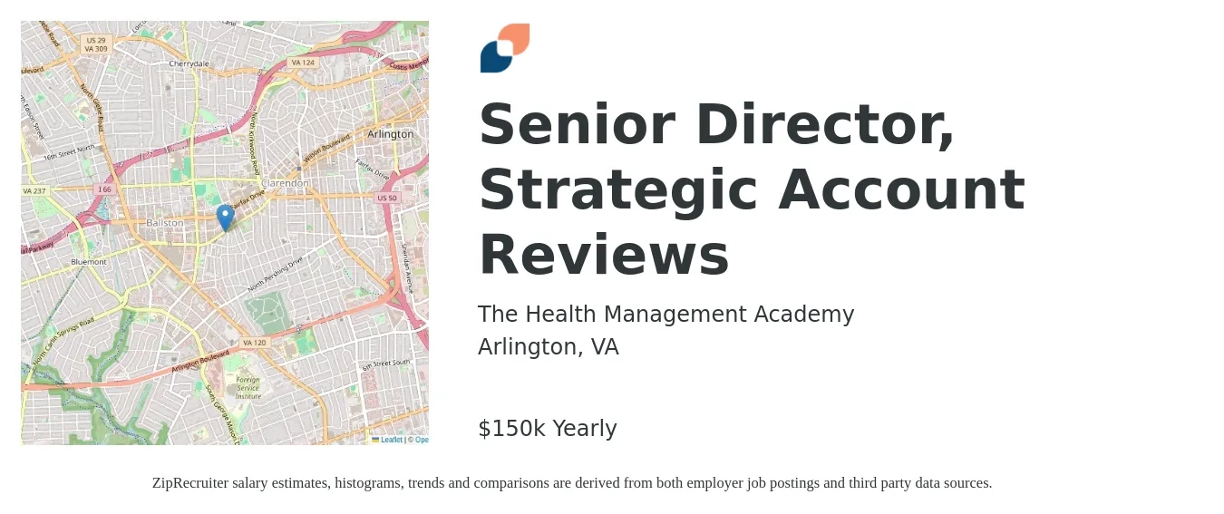 The Health Management Academy job posting for a Senior Director, Strategic Account Reviews in Arlington, VA with a salary of $150,000 Yearly with a map of Arlington location.