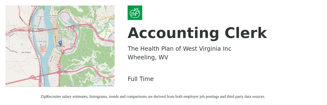 The Health Plan of West Virginia Inc job posting for a Accounting Clerk in Wheeling, WV with a salary of $18 to $24 Hourly with a map of Wheeling location.