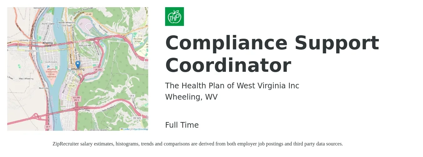 The Health Plan of West Virginia Inc job posting for a Compliance Support Coordinator in Wheeling, WV with a salary of $45,800 to $65,300 Yearly with a map of Wheeling location.