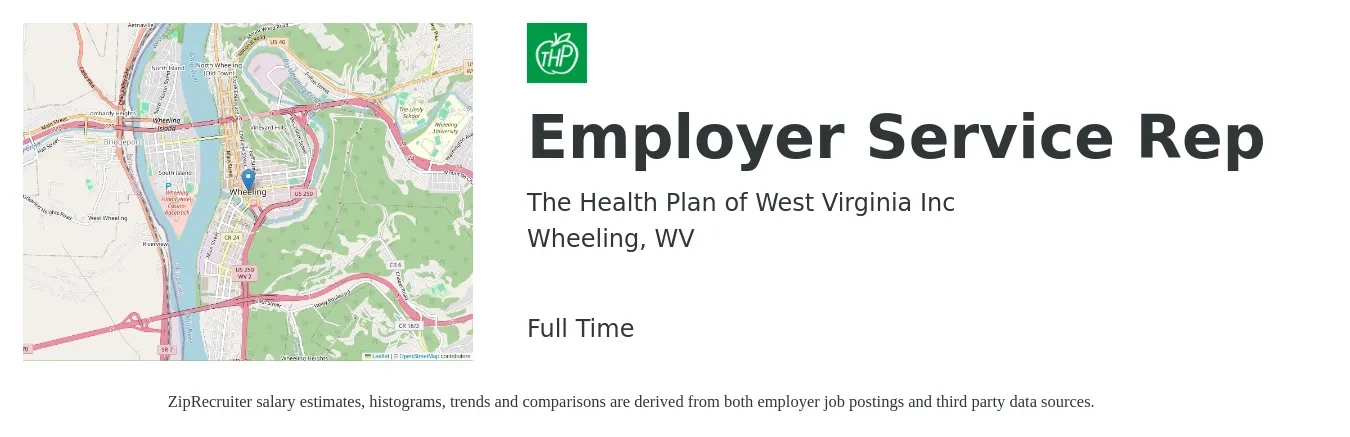 The Health Plan of West Virginia Inc job posting for a Employer Service Rep in Wheeling, WV with a salary of $18 to $28 Hourly with a map of Wheeling location.