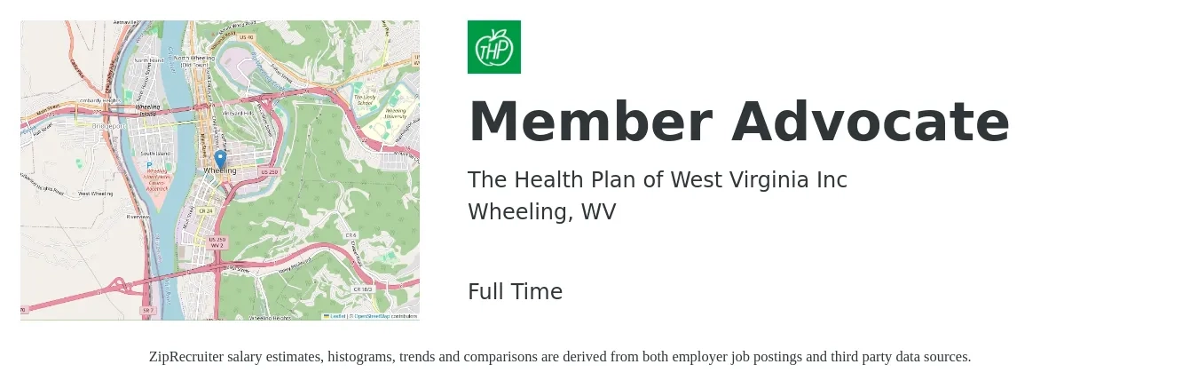 The Health Plan of West Virginia Inc job posting for a Member Advocate in Wheeling, WV with a salary of $17 to $24 Hourly with a map of Wheeling location.