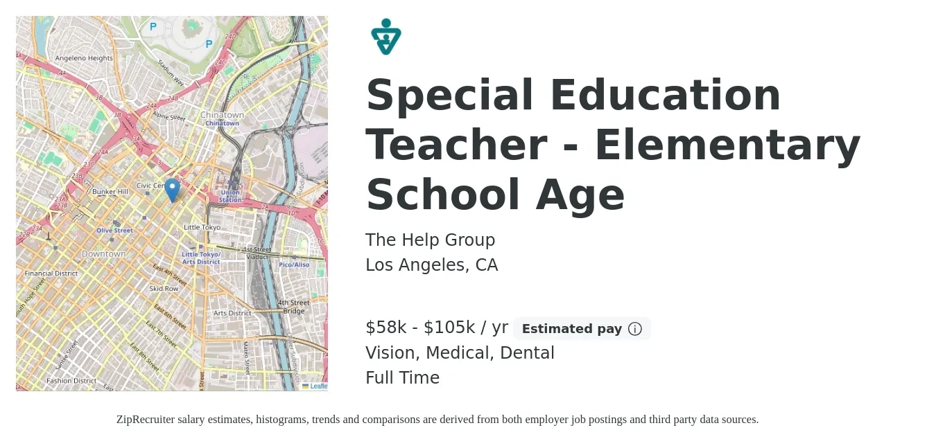 The Help Group job posting for a Special Education Teacher - Elementary School Age in Los Angeles, CA with a salary of $58,600 to $105,000 Yearly and benefits including medical, pto, retirement, vision, dental, and life_insurance with a map of Los Angeles location.
