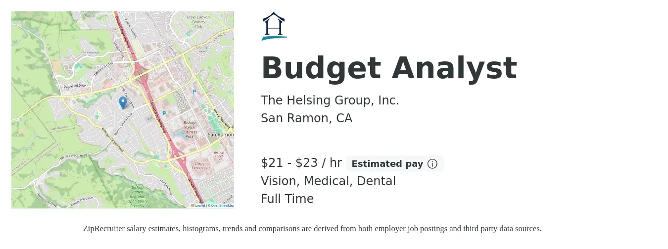 The Helsing Group, Inc. job posting for a Budget Analyst in San Ramon, CA with a salary of $22 to $24 Hourly and benefits including dental, medical, and vision with a map of San Ramon location.