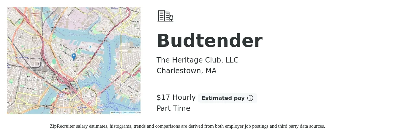 The Heritage Club, LLC job posting for a Budtender in Charlestown, MA with a salary of $18 Hourly with a map of Charlestown location.