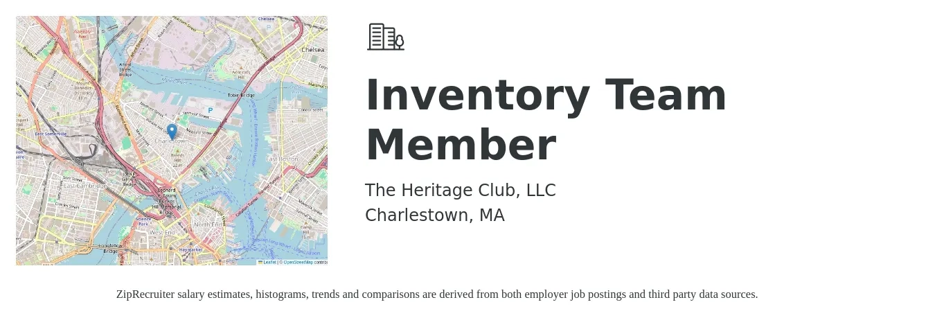The Heritage Club, LLC job posting for a Inventory Team Member in Charlestown, MA with a salary of $19 to $24 Hourly with a map of Charlestown location.
