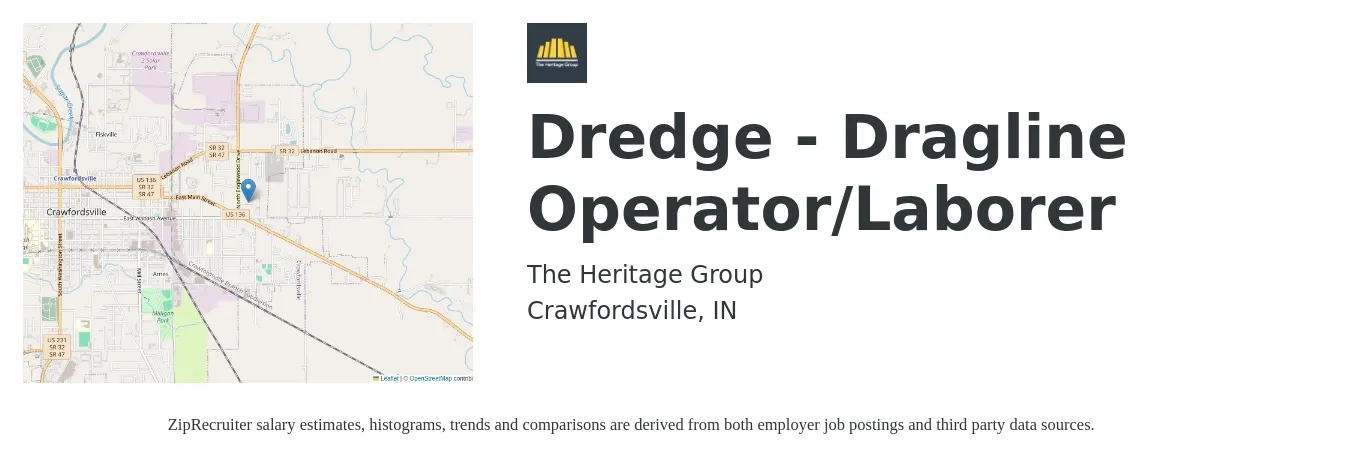 The Heritage Group job posting for a Dredge - Dragline Operator/Laborer in Crawfordsville, IN with a salary of $19 to $19 Hourly with a map of Crawfordsville location.