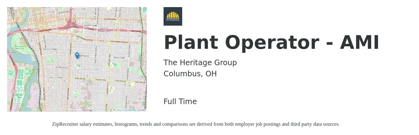 The Heritage Group job posting for a Plant Operator - AMI in Columbus, OH with a salary of $16 to $25 Hourly with a map of Columbus location.