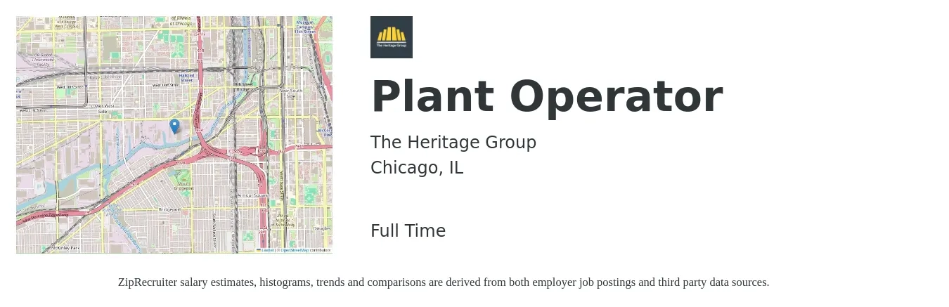 The Heritage Group job posting for a Plant Operator in Chicago, IL with a salary of $18 to $27 Hourly with a map of Chicago location.