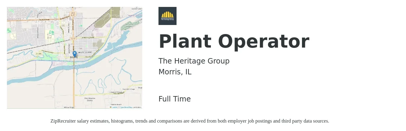 The Heritage Group job posting for a Plant Operator in Morris, IL with a salary of $16 to $26 Hourly with a map of Morris location.