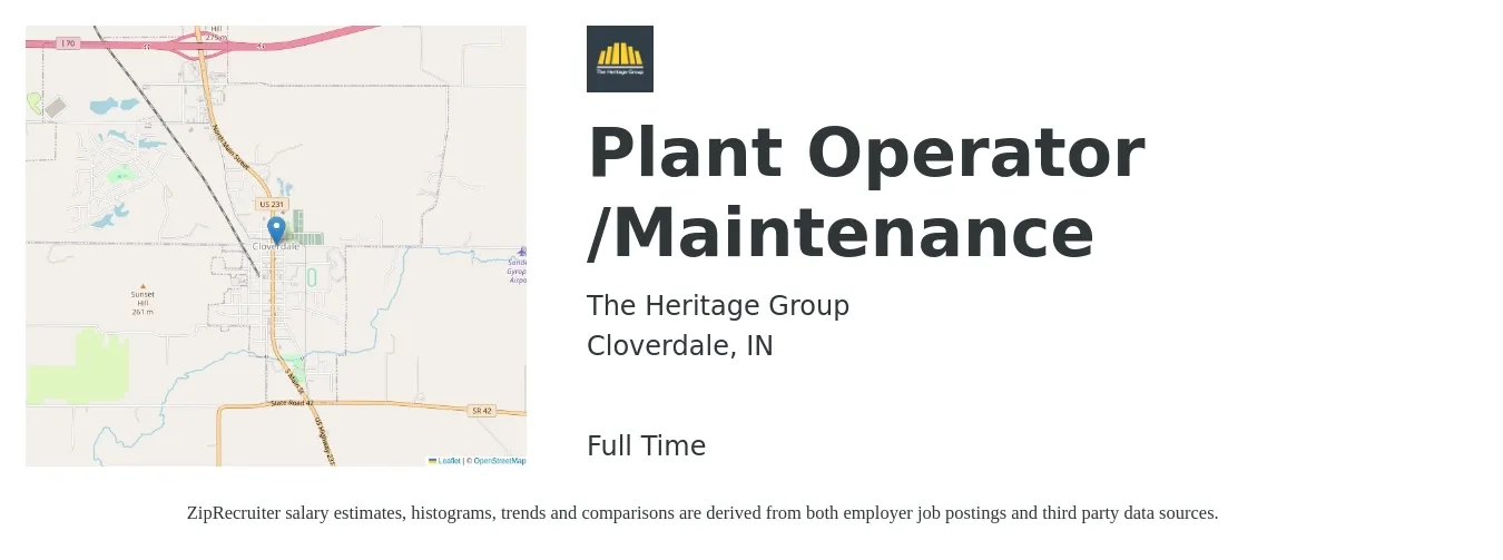 The Heritage Group job posting for a Plant Operator /Maintenance in Cloverdale, IN with a salary of $16 to $24 Hourly with a map of Cloverdale location.