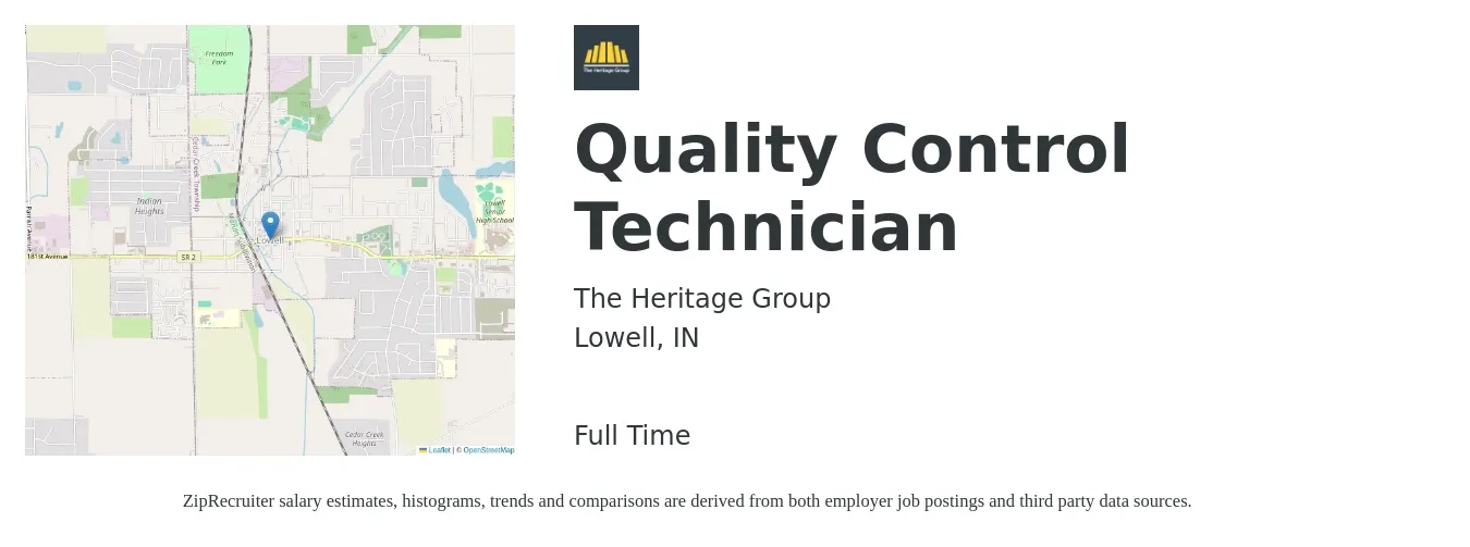 The Heritage Group job posting for a Quality Control Technician in Lowell, IN with a salary of $18 to $23 Hourly with a map of Lowell location.