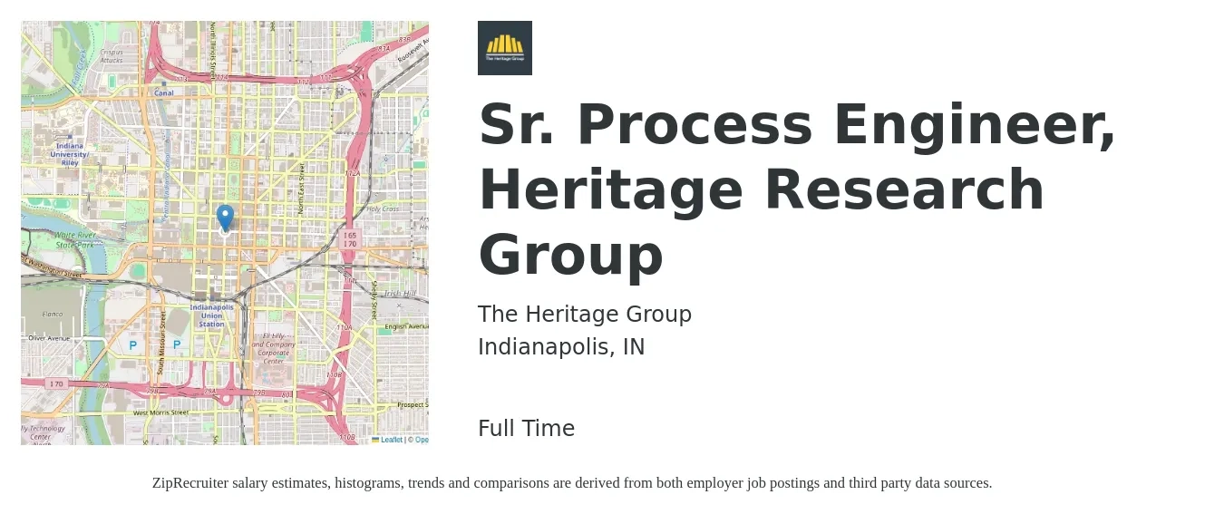 The Heritage Group job posting for a Sr. Process Engineer, Heritage Research Group in Indianapolis, IN with a salary of $99,400 to $128,600 Yearly with a map of Indianapolis location.