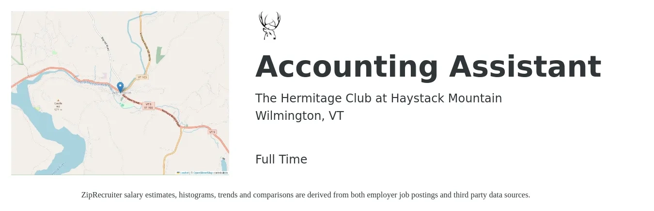 The Hermitage Club at Haystack Mountain job posting for a Accounting Assistant in Wilmington, VT with a salary of $20 to $26 Hourly with a map of Wilmington location.