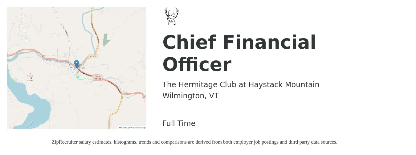 The Hermitage Club at Haystack Mountain job posting for a Chief Financial Officer in Wilmington, VT with a salary of $142,000 to $402,900 Yearly with a map of Wilmington location.