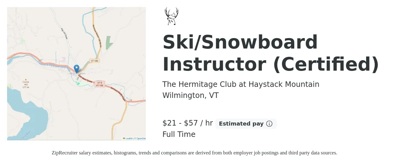 The Hermitage Club at Haystack Mountain job posting for a Ski/Snowboard Instructor (Certified) in Wilmington, VT with a salary of $22 to $60 Hourly with a map of Wilmington location.