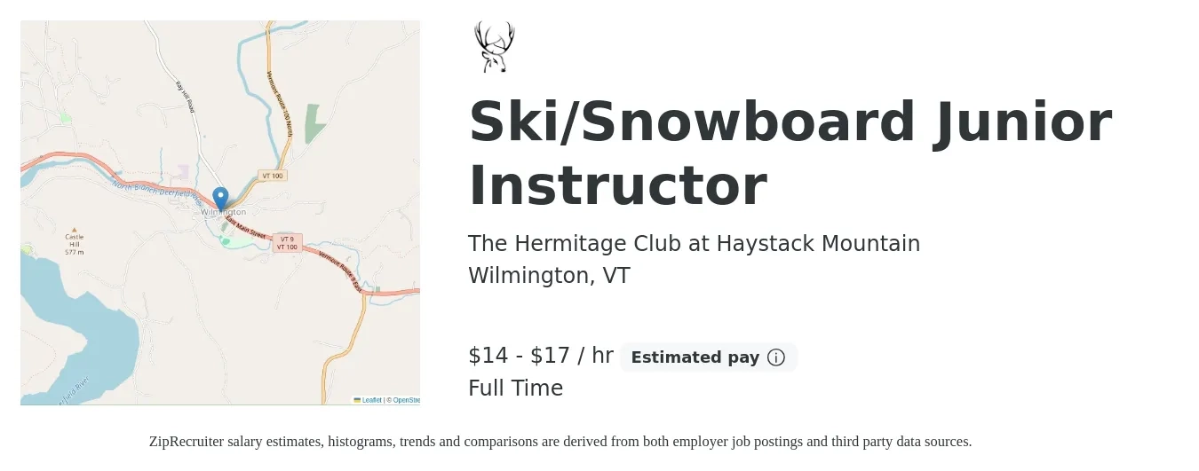 The Hermitage Club at Haystack Mountain job posting for a Ski/Snowboard Junior Instructor in Wilmington, VT with a salary of $15 to $18 Hourly with a map of Wilmington location.