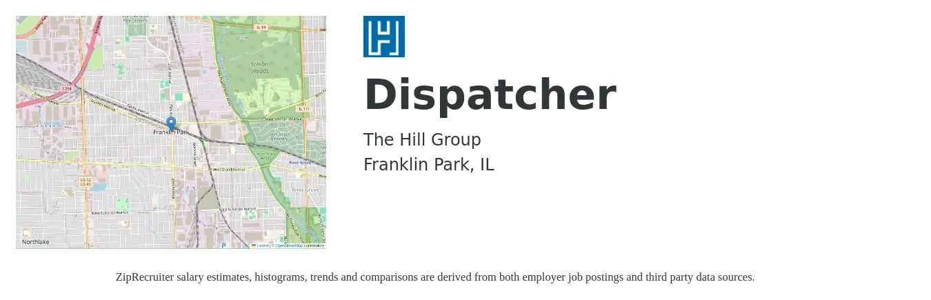 The Hill Group job posting for a Dispatcher in Franklin Park, IL with a salary of $18 to $24 Hourly with a map of Franklin Park location.