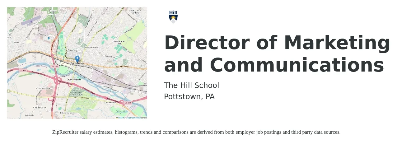 The Hill School job posting for a Director of Marketing and Communications in Pottstown, PA with a salary of $71,900 to $126,400 Yearly with a map of Pottstown location.