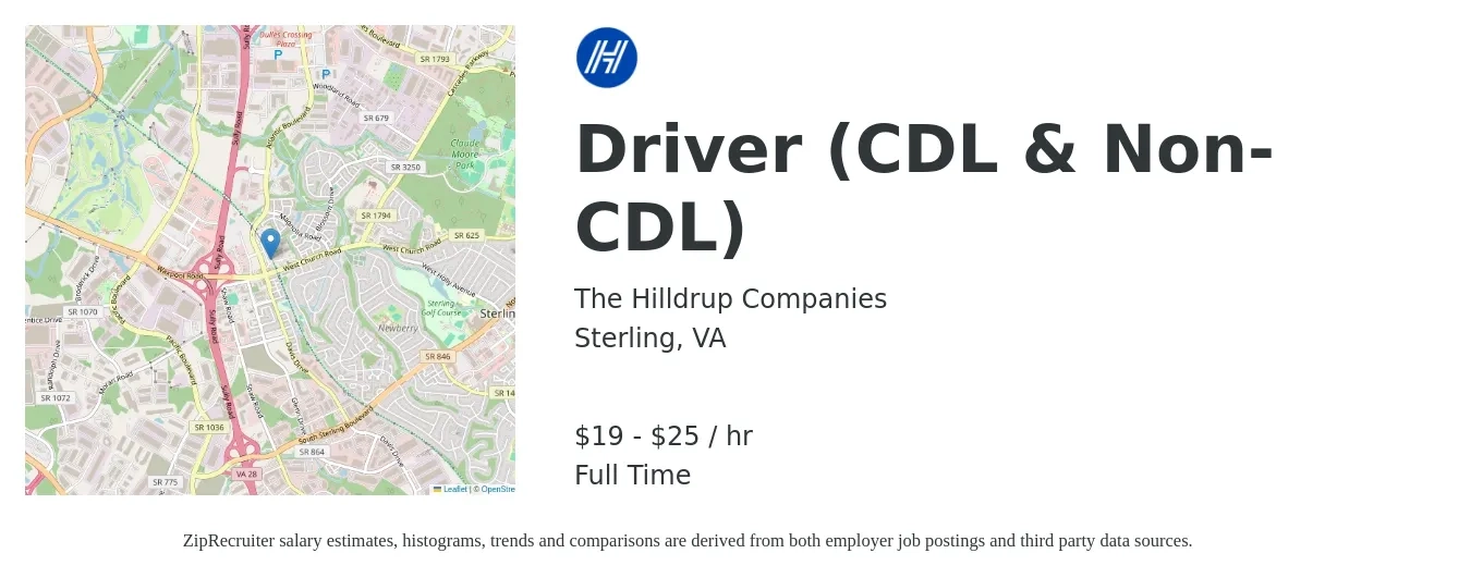 The Hilldrup Companies job posting for a Driver (CDL & Non-CDL) in Sterling, VA with a salary of $20 to $27 Hourly with a map of Sterling location.
