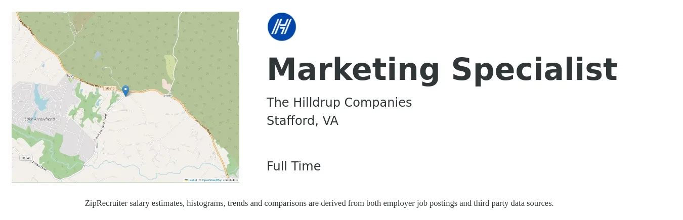 The Hilldrup Companies job posting for a Marketing Specialist in Stafford, VA with a salary of $47,400 to $69,800 Yearly with a map of Stafford location.