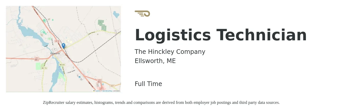 The Hinckley Company job posting for a Logistics Technician in Ellsworth, ME with a salary of $19 to $24 Hourly with a map of Ellsworth location.