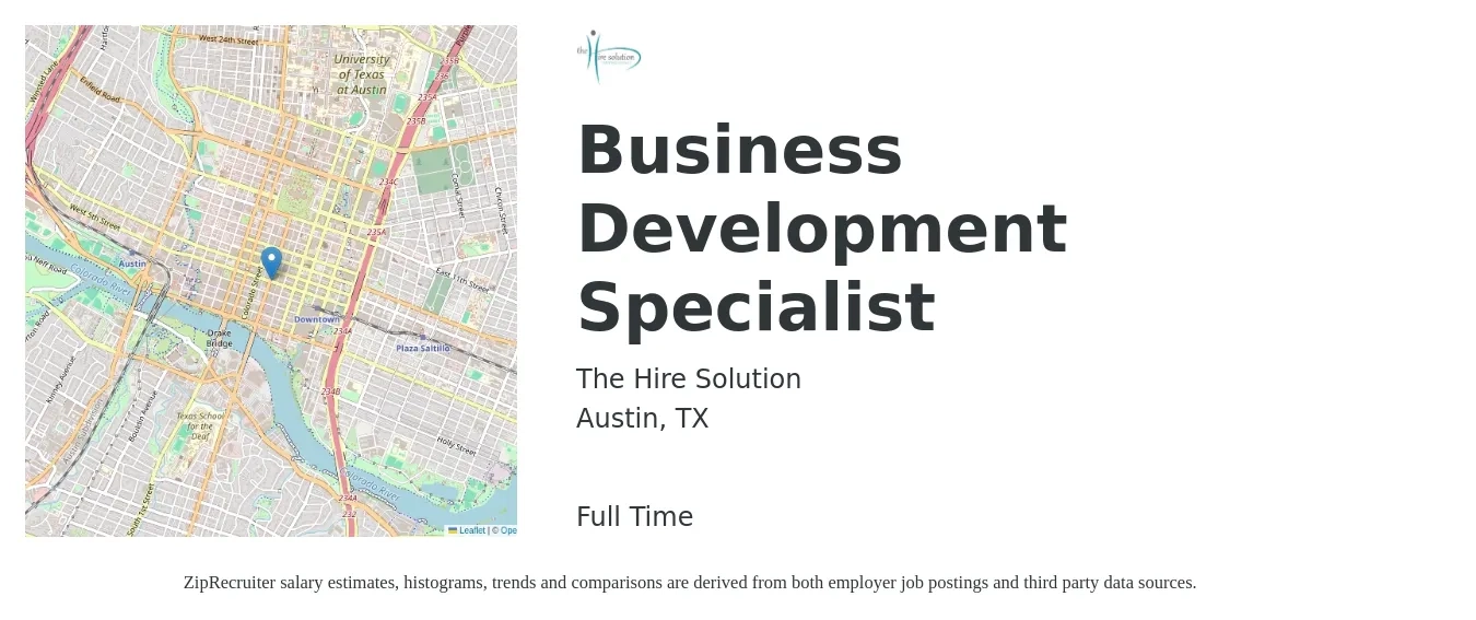 The Hire Solution job posting for a Business Development Specialist in Austin, TX with a salary of $46,600 to $77,800 Yearly with a map of Austin location.