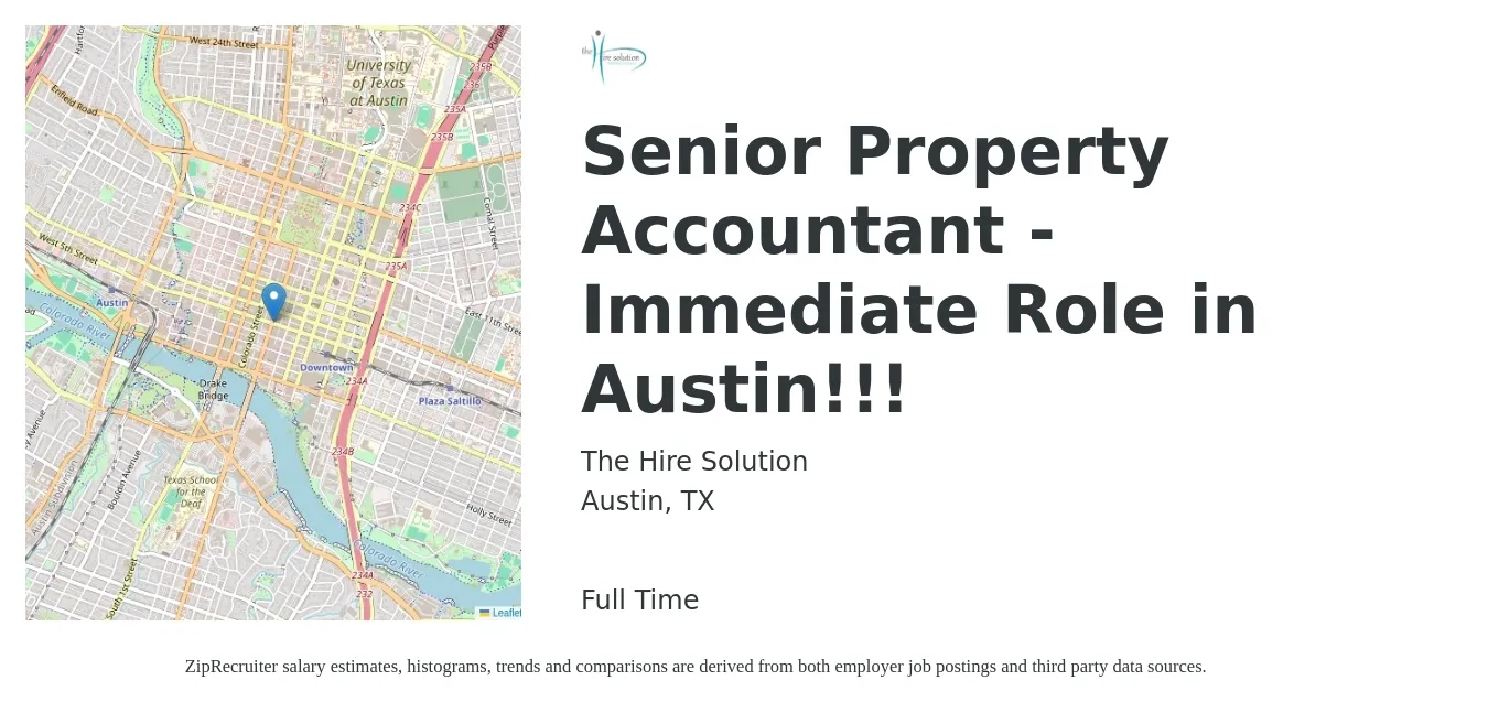 The Hire Solution job posting for a Senior Property Accountant - Immediate Role in Austin!!! in Austin, TX with a salary of $30 to $50 Hourly with a map of Austin location.