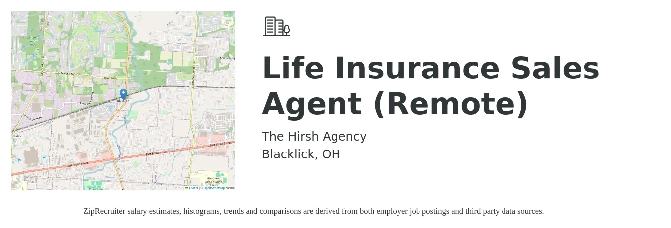 The Hirsh Agency job posting for a Life Insurance Sales Agent (Remote) in Blacklick, OH with a salary of $10,000 to $15,000 Monthly with a map of Blacklick location.