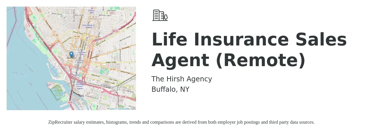 The Hirsh Agency job posting for a Life Insurance Sales Agent (Remote) in Buffalo, NY with a salary of $10,000 to $15,000 Monthly with a map of Buffalo location.