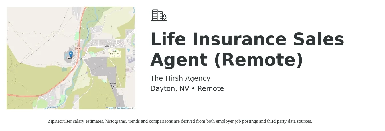 The Hirsh Agency job posting for a Life Insurance Sales Agent (Remote) in Dayton, NV with a salary of $10,000 to $15,000 Monthly with a map of Dayton location.