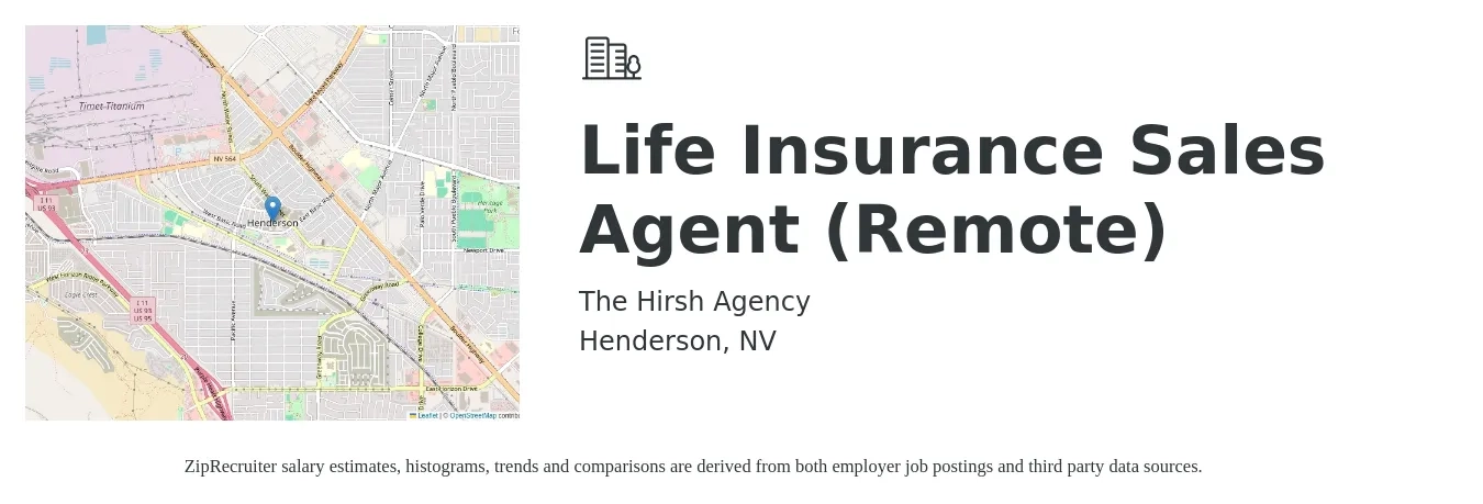 The Hirsh Agency job posting for a Life Insurance Sales Agent (Remote) in Henderson, NV with a salary of $10,000 to $15,000 Monthly with a map of Henderson location.