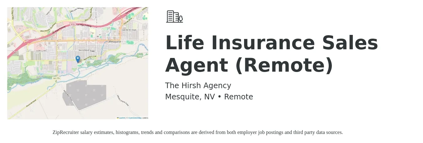 The Hirsh Agency job posting for a Life Insurance Sales Agent (Remote) in Mesquite, NV with a salary of $10,000 to $15,000 Monthly with a map of Mesquite location.