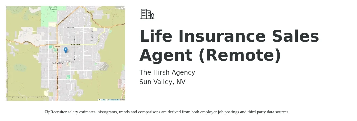 The Hirsh Agency job posting for a Life Insurance Sales Agent (Remote) in Sun Valley, NV with a salary of $10,000 to $15,000 Monthly with a map of Sun Valley location.