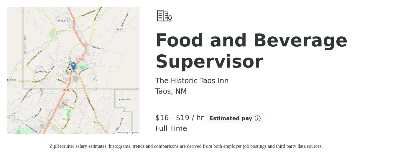 The Historic Taos Inn job posting for a Food and Beverage Supervisor in Taos, NM with a salary of $17 to $20 Hourly with a map of Taos location.