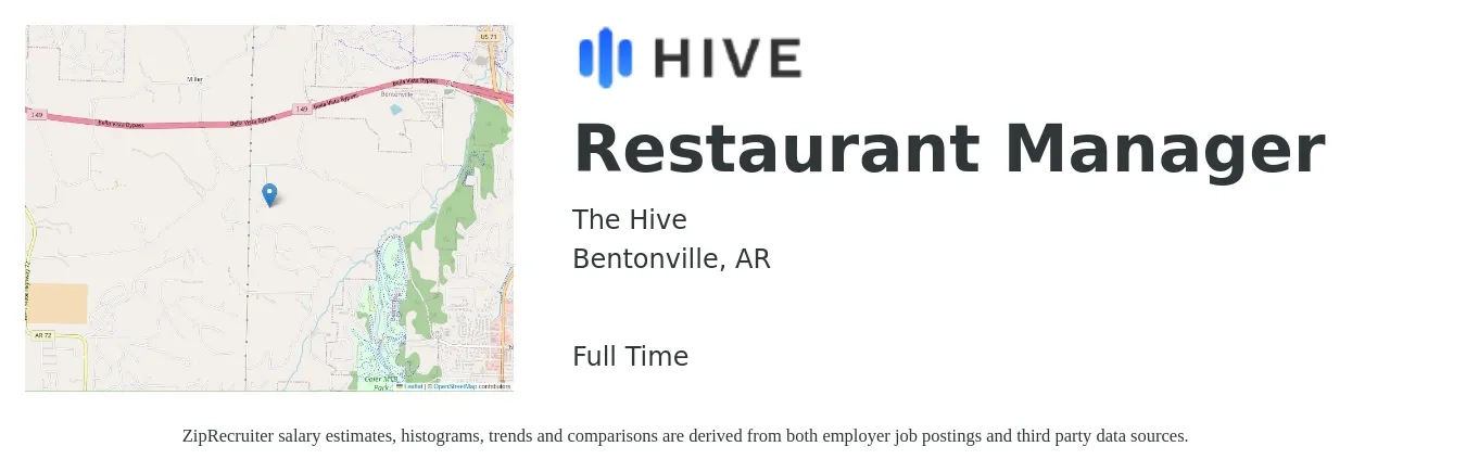 The Hive job posting for a Restaurant Manager in Bentonville, AR with a salary of $39,400 to $55,700 Yearly with a map of Bentonville location.