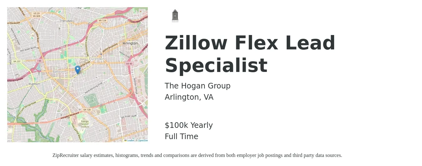 The Hogan Group job posting for a Zillow Flex Lead Specialist in Arlington, VA with a salary of $100,000 Yearly with a map of Arlington location.