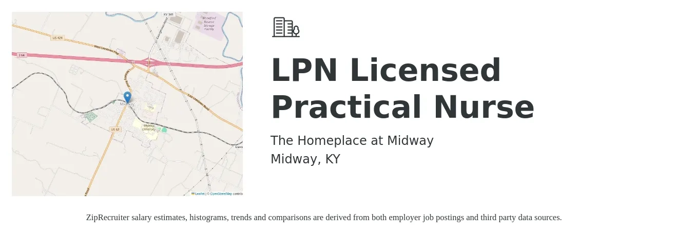 The Homeplace at Midway job posting for a LPN Licensed Practical Nurse in Midway, KY with a salary of $22 to $31 Hourly with a map of Midway location.