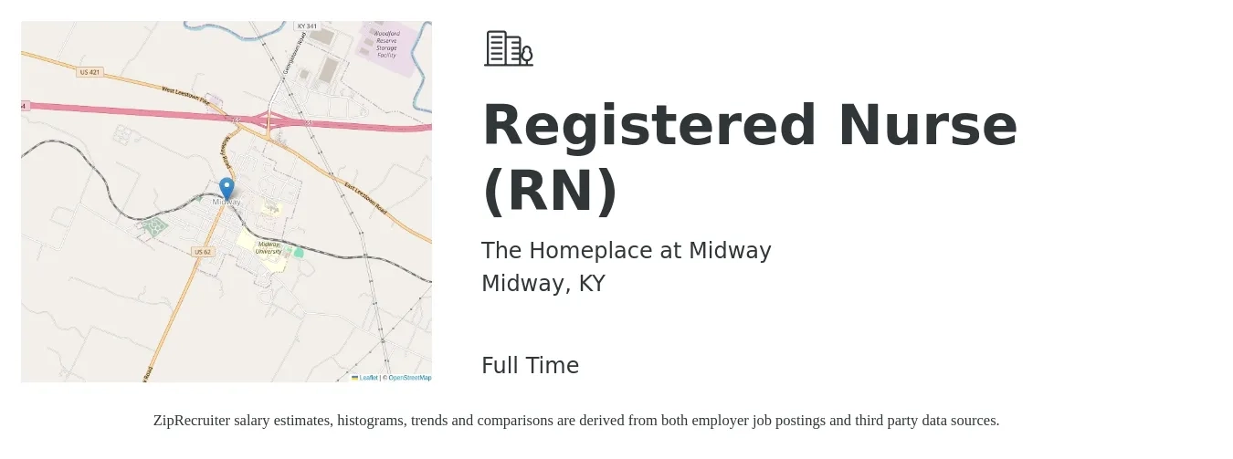 The Homeplace at Midway job posting for a Registered Nurse (RN) in Midway, KY with a salary of $29 to $46 Hourly with a map of Midway location.