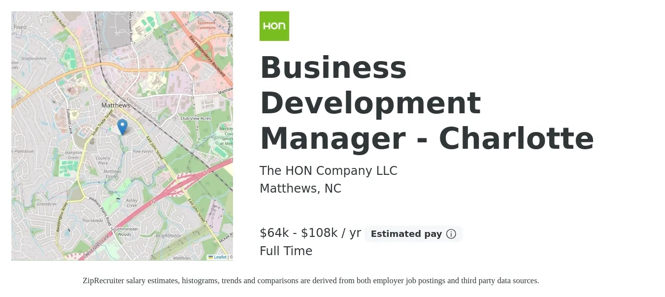 The HON Company LLC job posting for a Business Development Manager - Charlotte in Matthews, NC with a salary of $64,875 to $108,125 Yearly with a map of Matthews location.