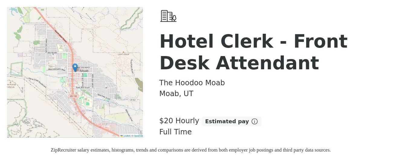 The Hoodoo Moab job posting for a Hotel Clerk - Front Desk Attendant in Moab, UT with a salary of $21 Hourly with a map of Moab location.
