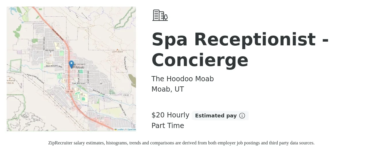 The Hoodoo Moab job posting for a Spa Receptionist - Concierge in Moab, UT with a salary of $21 Hourly with a map of Moab location.