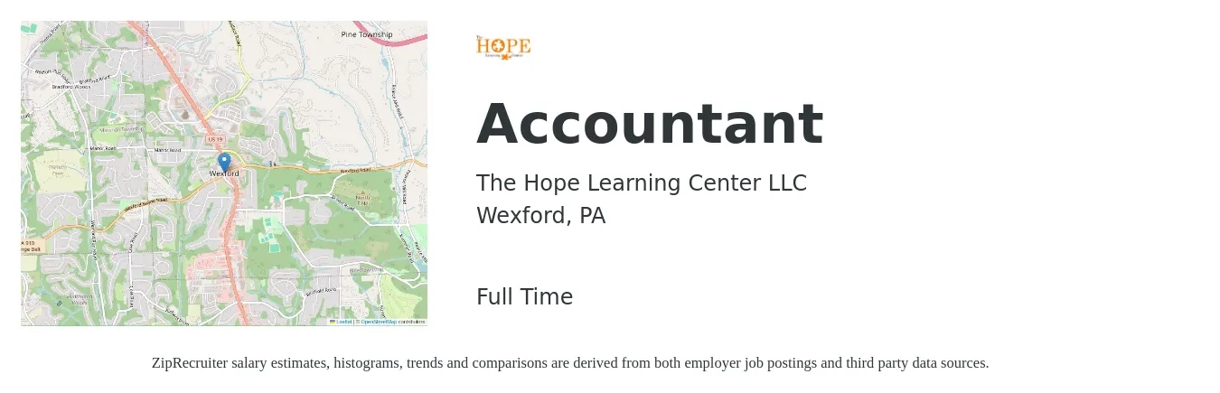 The Hope Learning Center LLC job posting for a Accountant in Wexford, PA with a salary of $52,100 to $68,700 Yearly with a map of Wexford location.