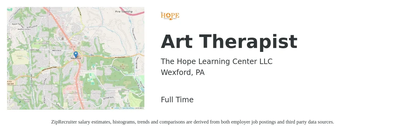 The Hope Learning Center LLC job posting for a Art Therapist in Wexford, PA with a salary of $48,800 to $70,100 Yearly with a map of Wexford location.